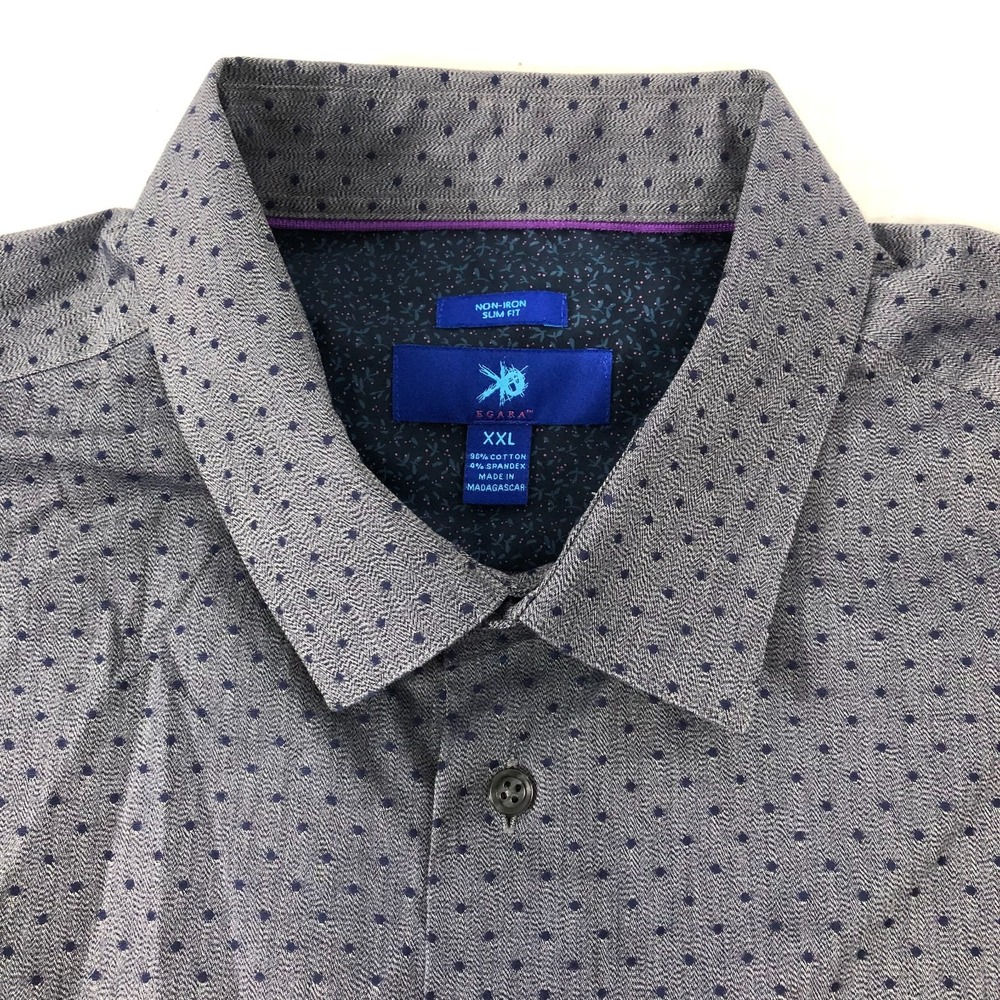 Egara Dress Shirt Men's XXL Gray Blue Polka Dot Slim Fit Non-Iron Button‎ Up